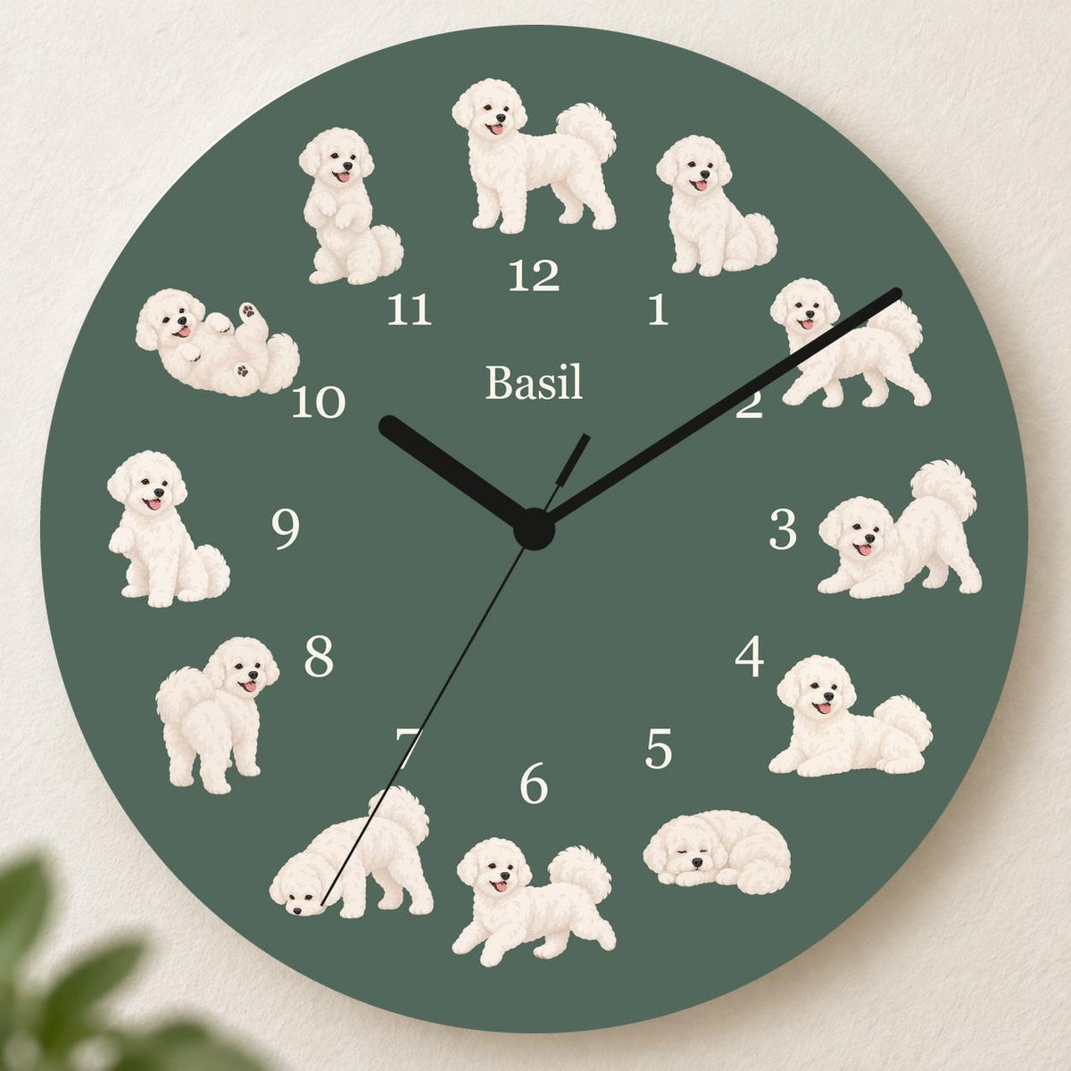 Personalized Bichon Frise wooden wall clock with example name Basil; hero