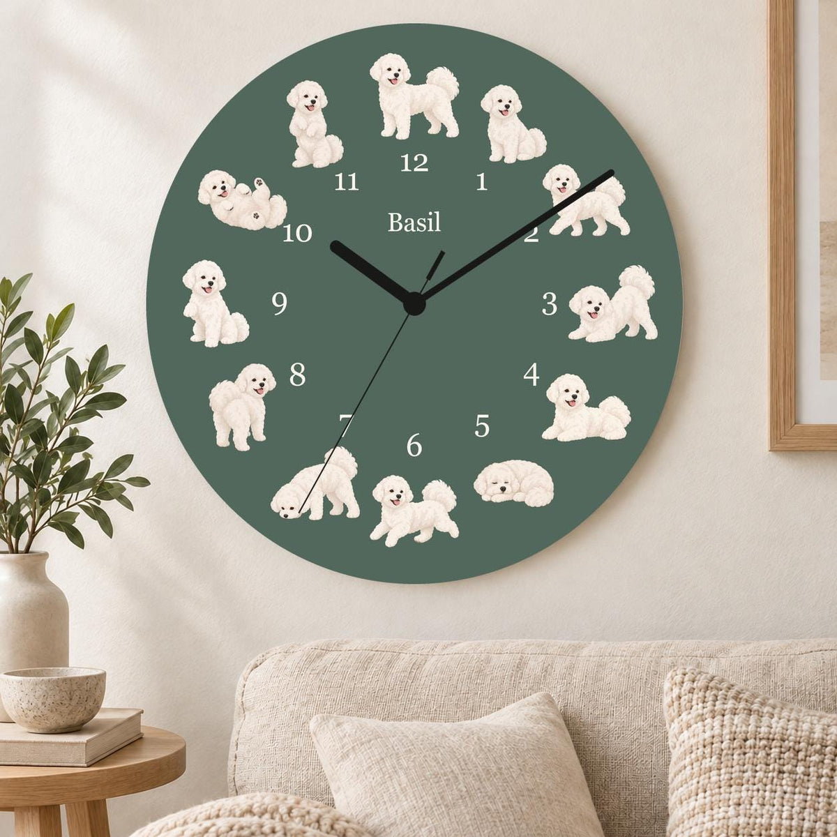 Personalized Bichon Frise wooden wall clock with example name Basil; living room