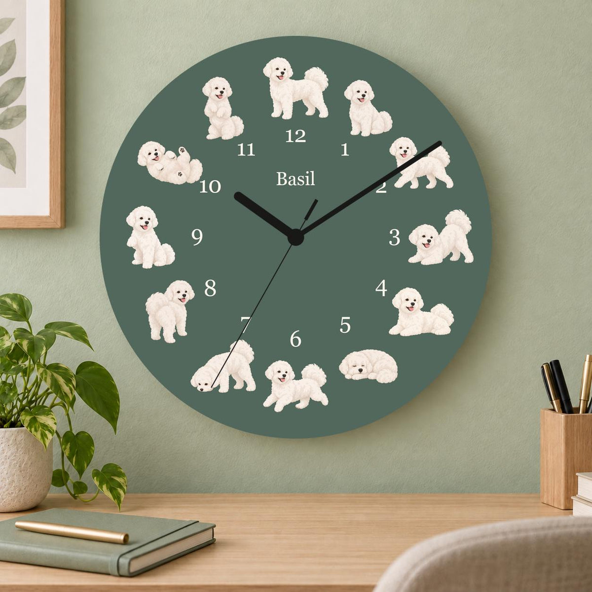 Personalized Bichon Frise wooden wall clock with example name Basil; home office