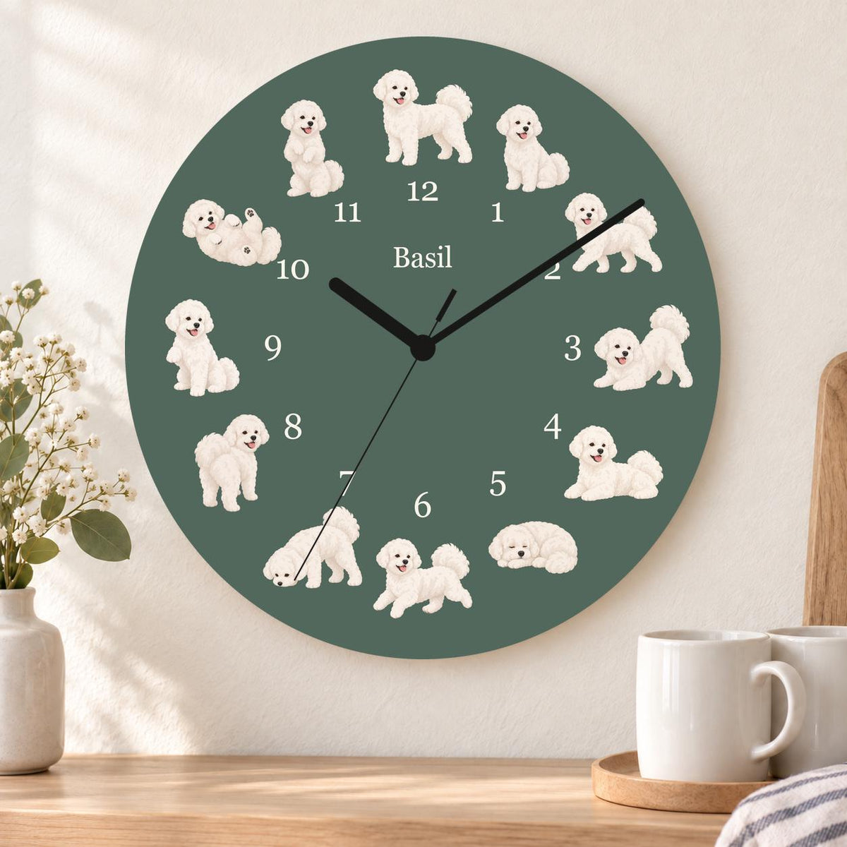 Personalized Bichon Frise wooden wall clock with example name Basil; kitchen