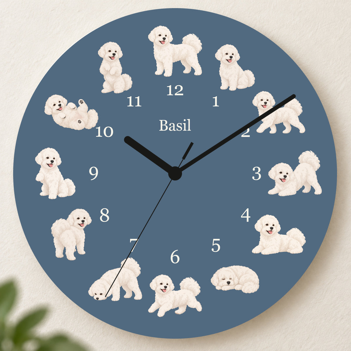 Personalized Bichon Frise Wall Clock, Custom Pet Name, 11.6 Inch Wooden Clock — Muted Denim background
