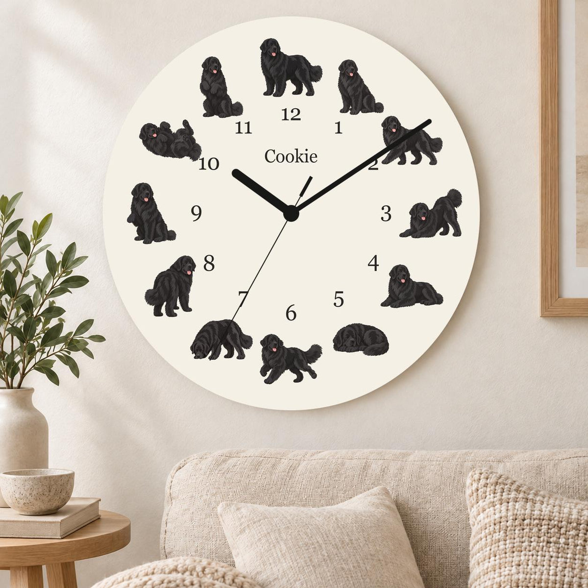Personalized Newfoundland wooden wall clock with example name Cookie; living room