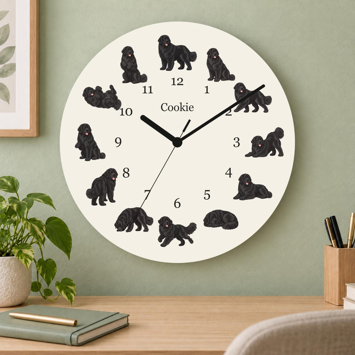 Personalized Newfoundland wooden wall clock with example name Cookie; home office