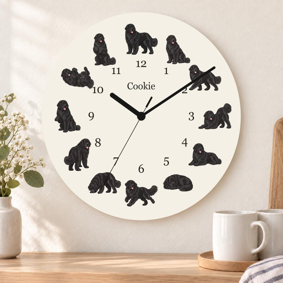 Personalized Newfoundland wooden wall clock with example name Cookie; kitchen