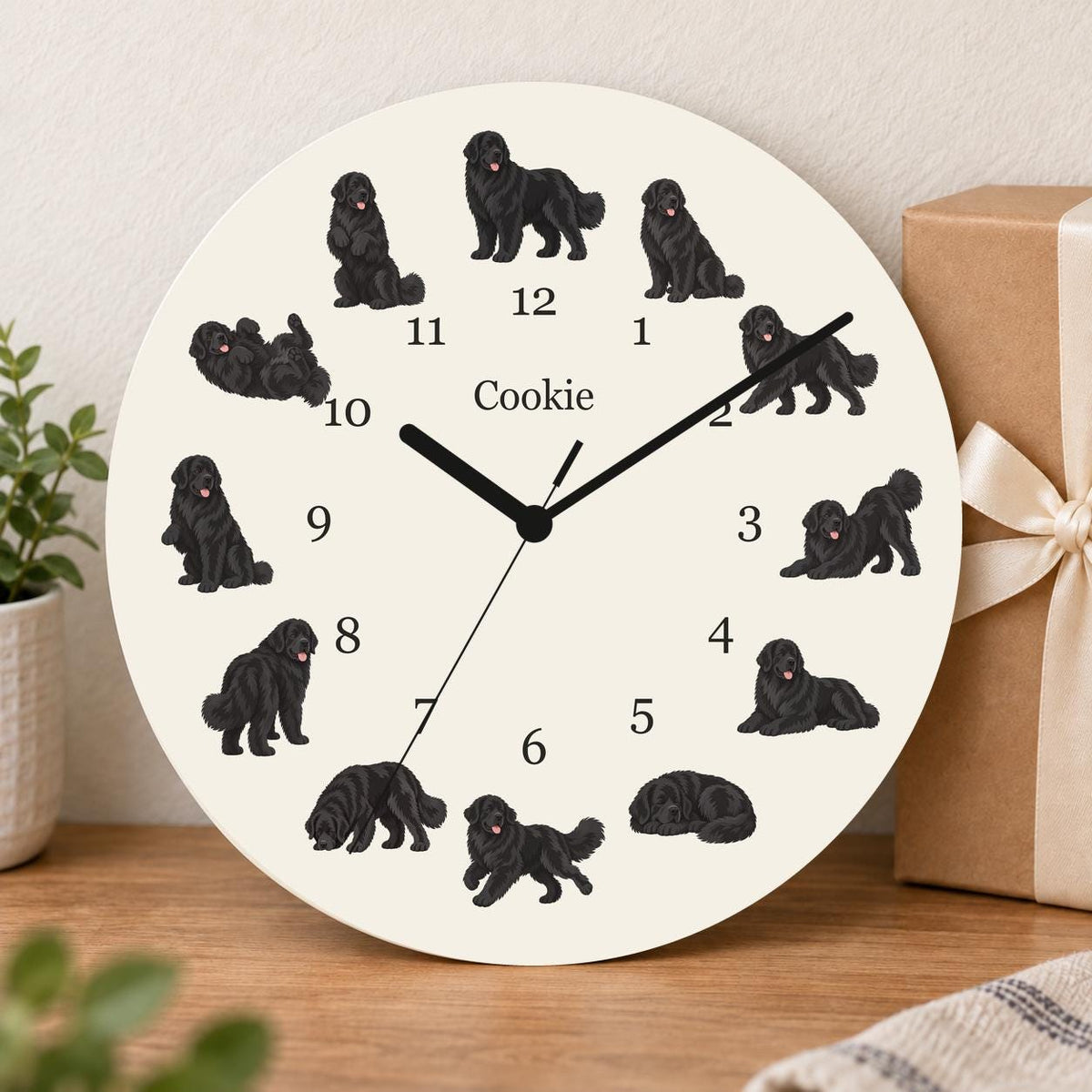Personalized Newfoundland wooden wall clock with example name Cookie; gift