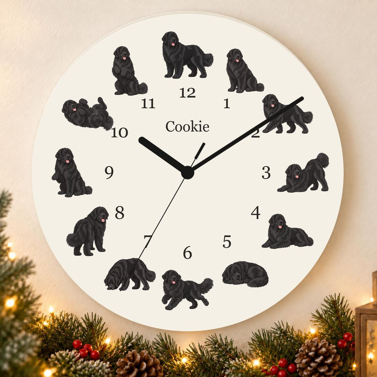 Personalized Newfoundland wooden wall clock with example name Cookie; holiday