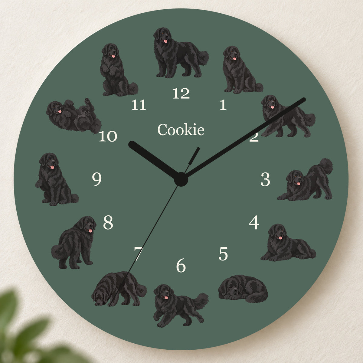 Personalized Newfoundland Wall Clock, Custom Pet Name, 11.6 Inch Wooden Clock — Deep Sage background