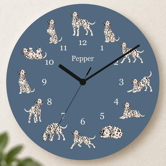 Personalized Dalmatian wooden wall clock with example name Pepper; hero
