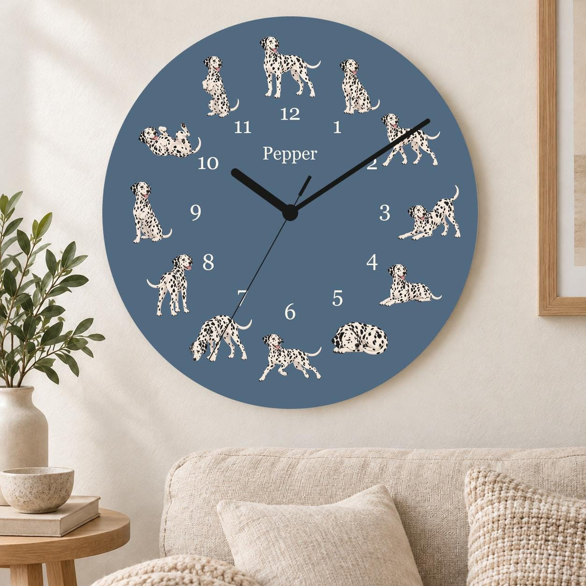 Personalized Dalmatian wooden wall clock with example name Pepper; living room