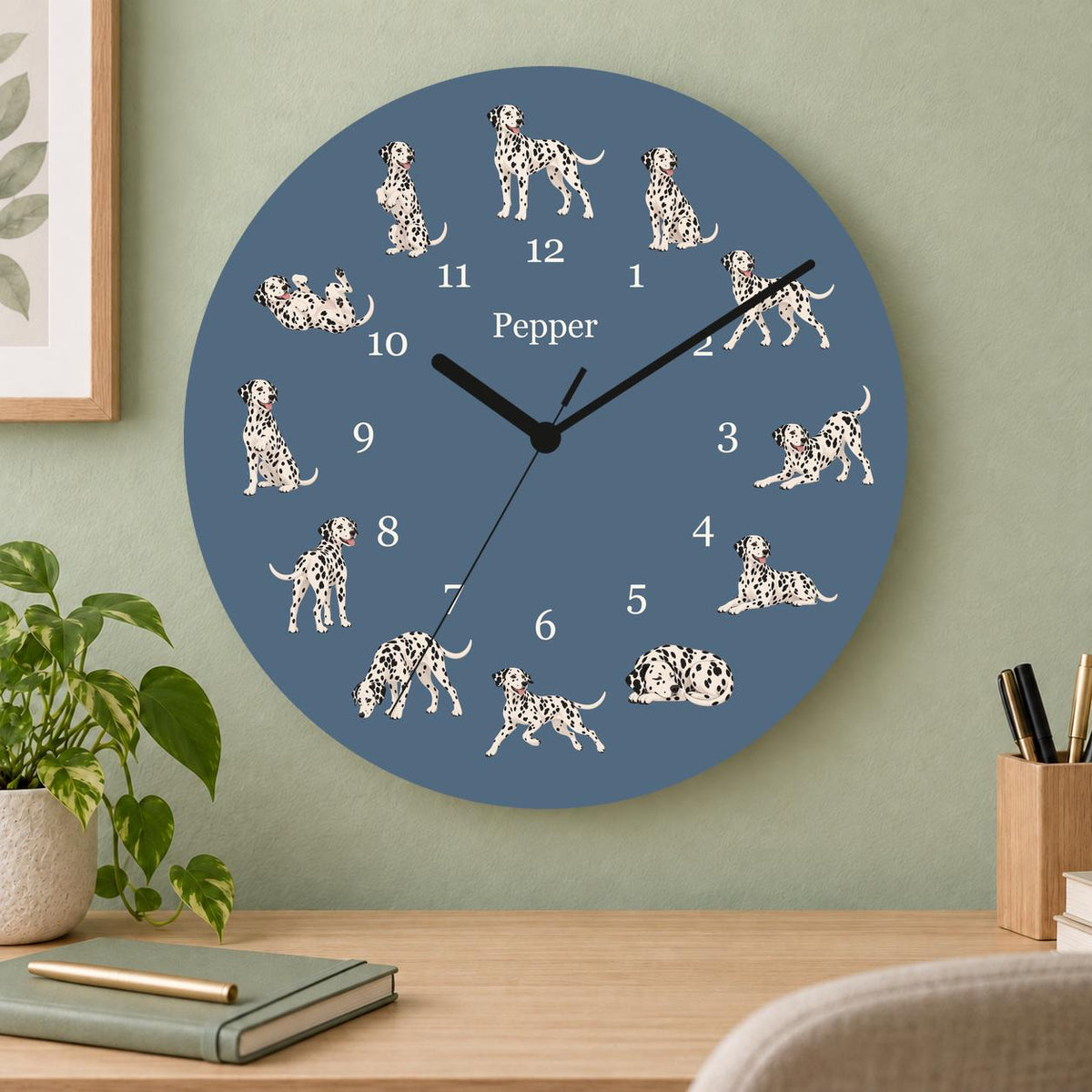 Personalized Dalmatian wooden wall clock with example name Pepper; home office