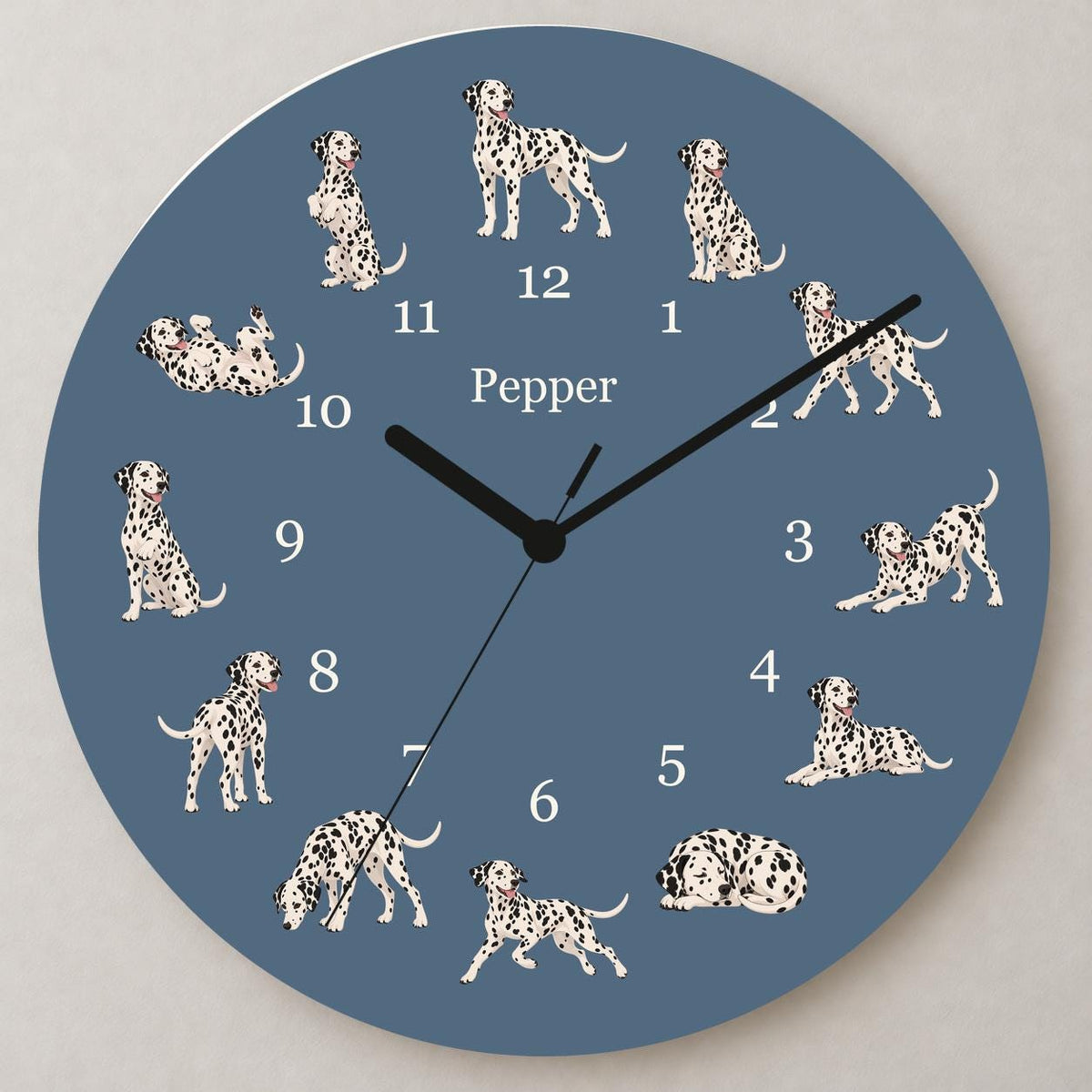 Personalized Dalmatian wooden wall clock with example name Pepper; close up