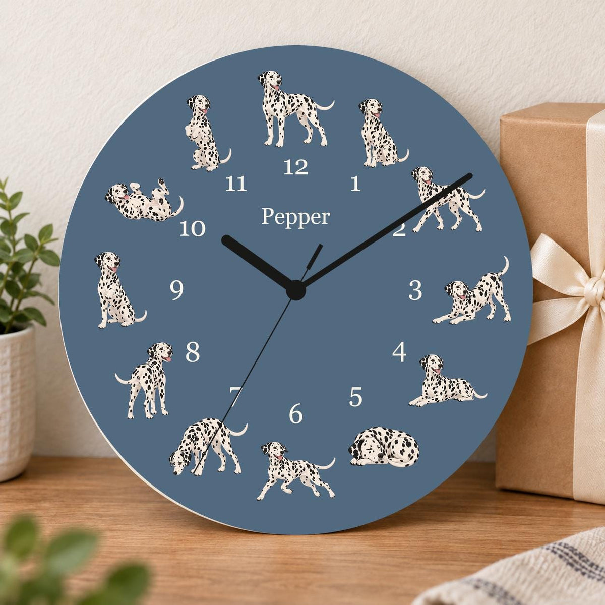 Personalized Dalmatian wooden wall clock with example name Pepper; gift