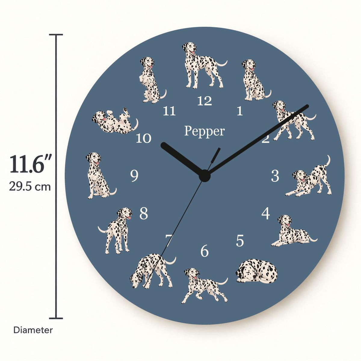 Personalized Dalmatian wooden wall clock with example name Pepper; size