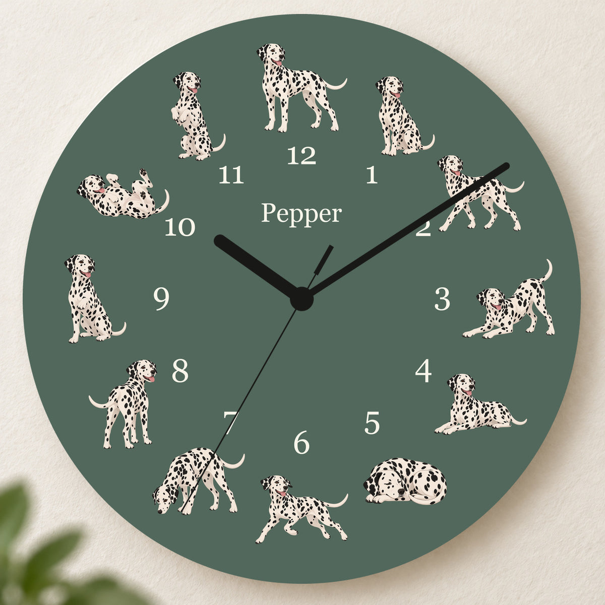 Personalized Dalmatian Wall Clock, Custom Pet Name, 11.6 Inch Wooden Clock — Deep Sage background