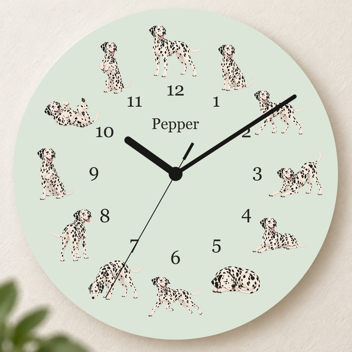 Personalized Dalmatian Wall Clock, Custom Pet Name, 11.6 Inch Wooden Clock — Pale Sage background