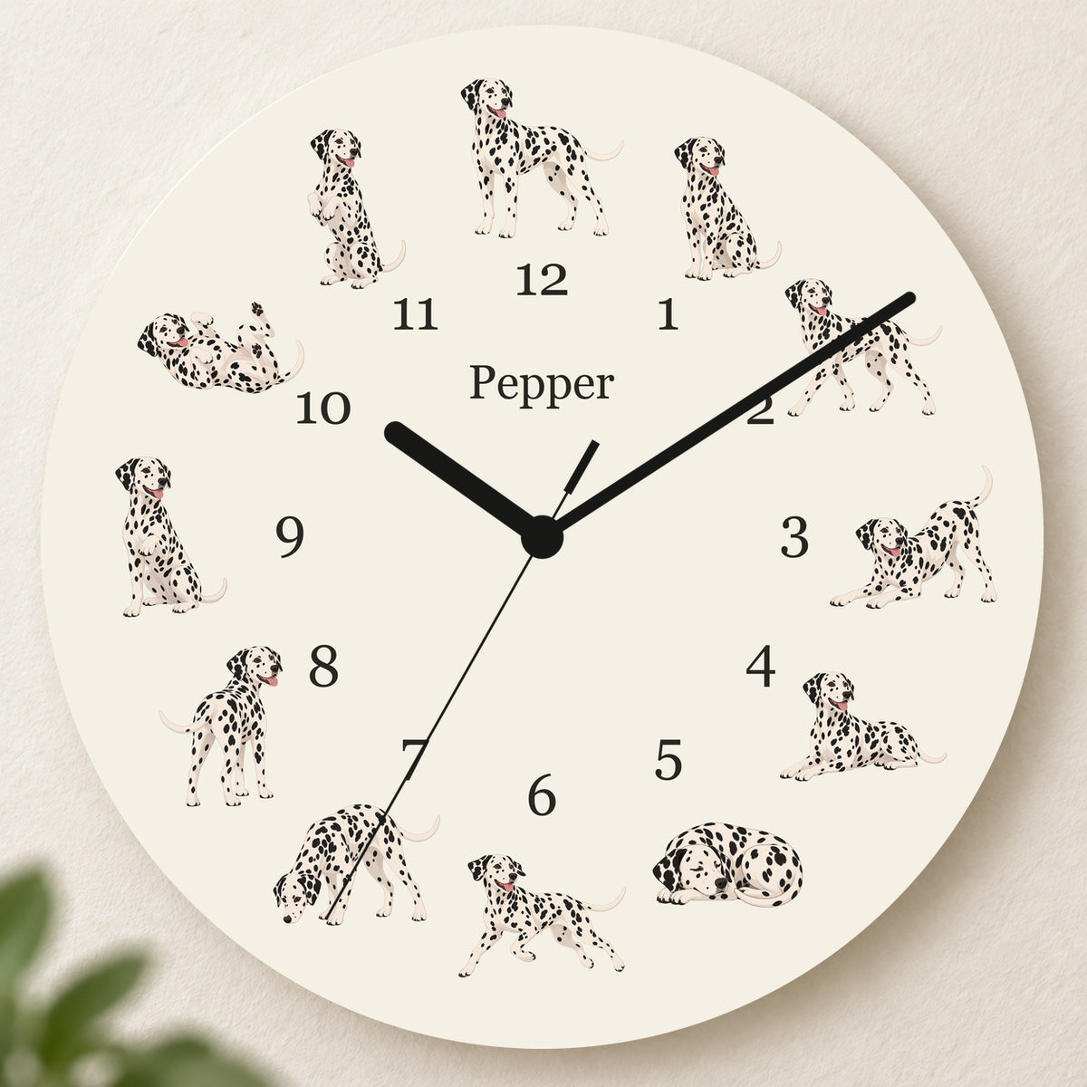 Personalized Dalmatian Wall Clock, Custom Pet Name, 11.6 Inch Wooden Clock — Warm Ivory background