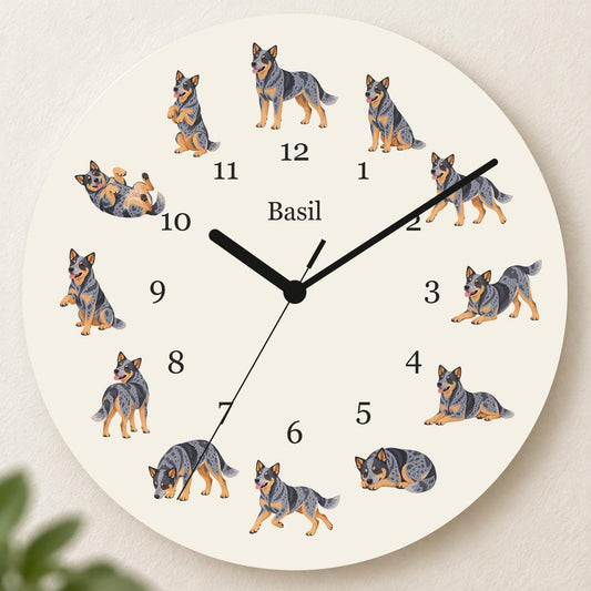 Personalized Australian Cattle Dog wooden wall clock with example name Basil; hero