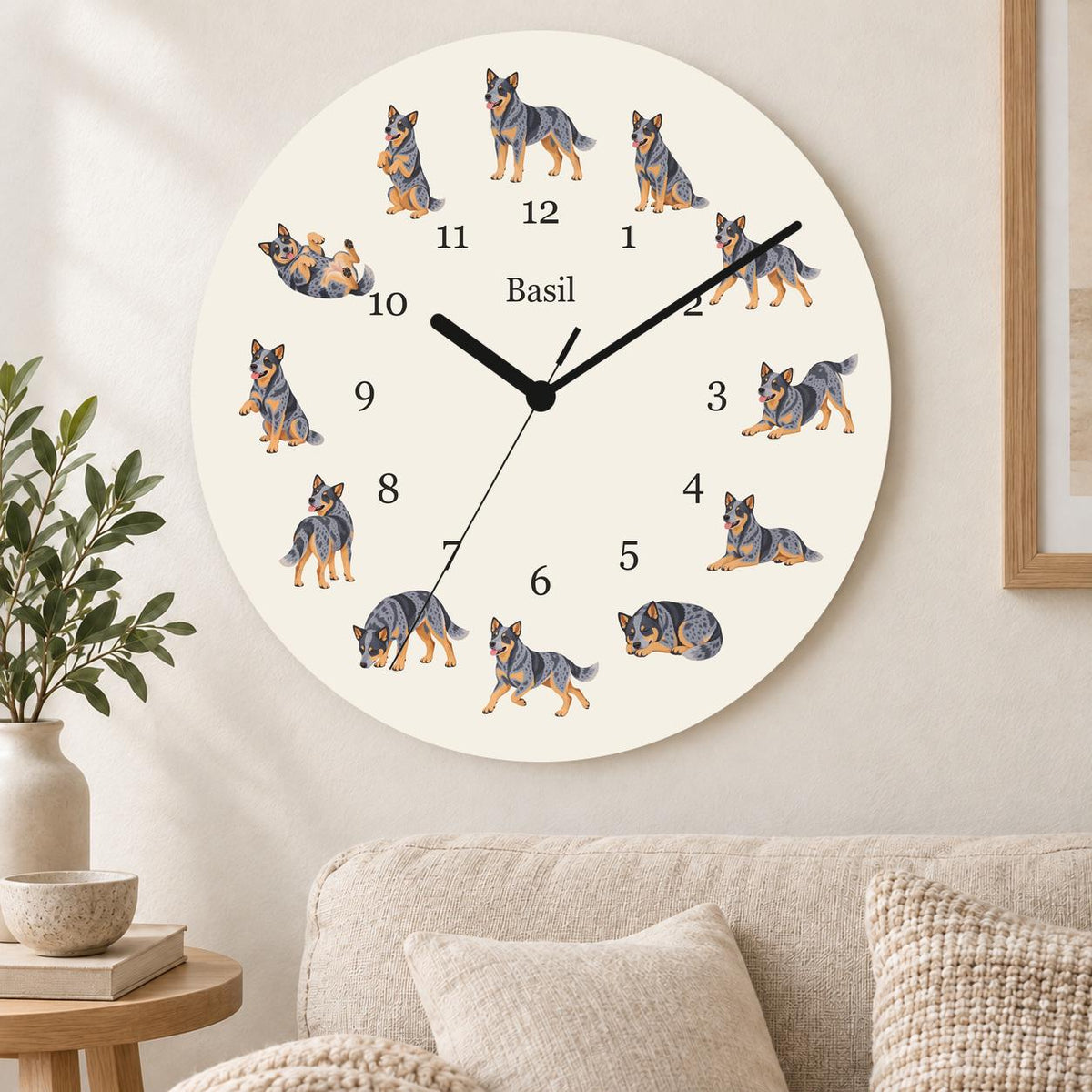 Personalized Australian Cattle Dog wooden wall clock with example name Basil; living room