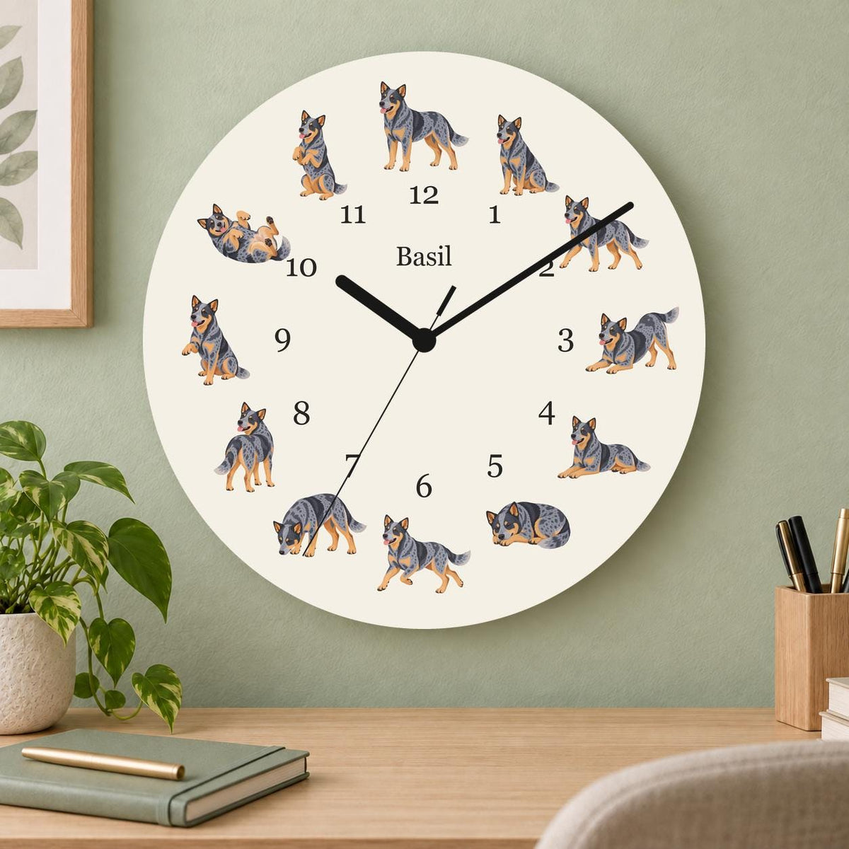 Personalized Australian Cattle Dog wooden wall clock with example name Basil; home office