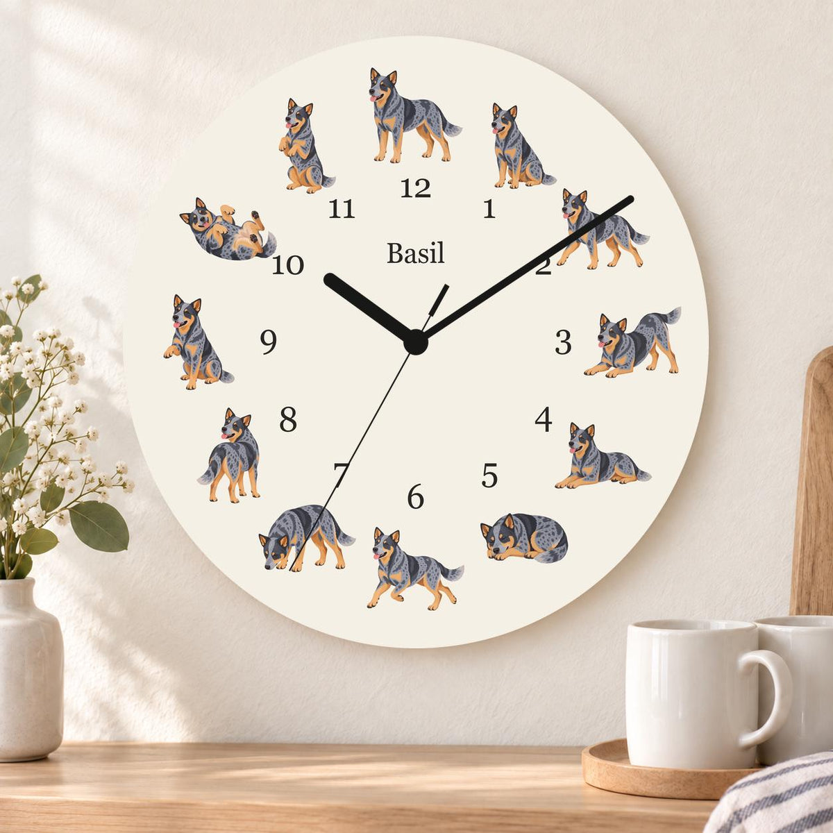 Personalized Australian Cattle Dog wooden wall clock with example name Basil; kitchen