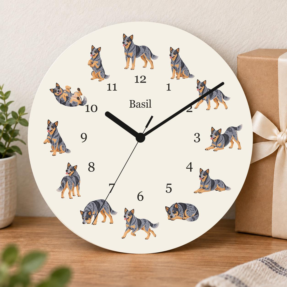 Personalized Australian Cattle Dog wooden wall clock with example name Basil; gift