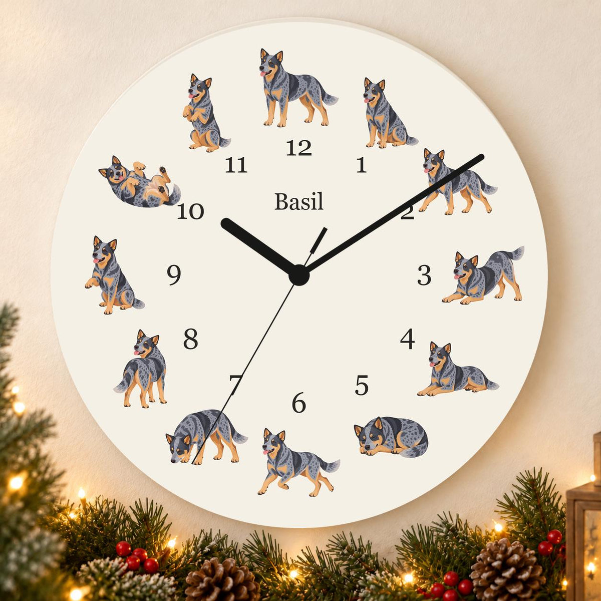 Personalized Australian Cattle Dog wooden wall clock with example name Basil; holiday