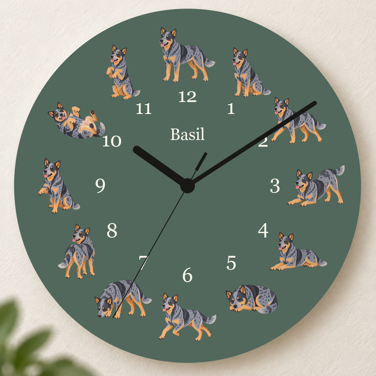Personalized Australian Cattle Dog Wall Clock, Custom Pet Name, 11.6 Inch Wooden Clock — Deep Sage background