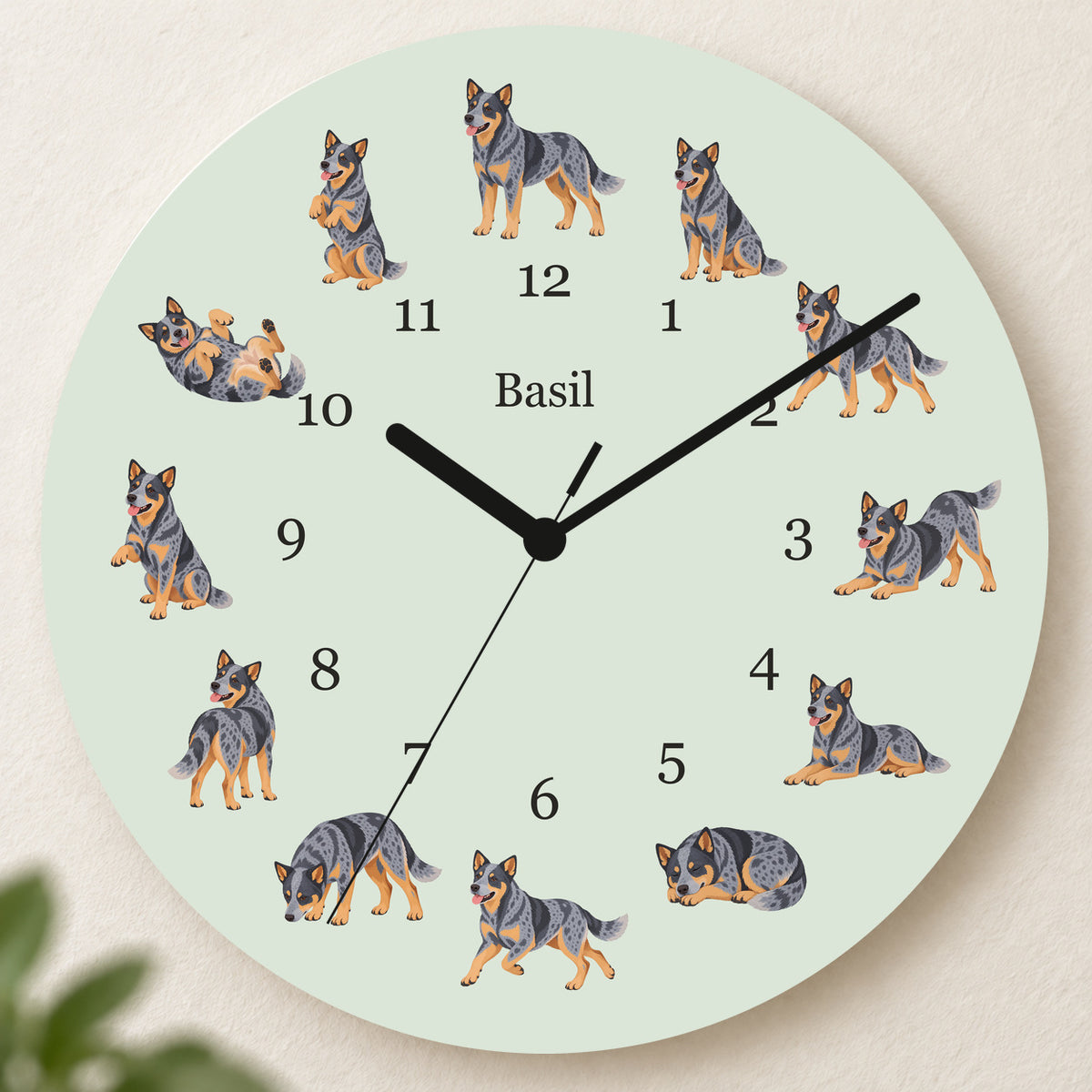 Personalized Australian Cattle Dog Wall Clock, Custom Pet Name, 11.6 Inch Wooden Clock — Pale Sage background