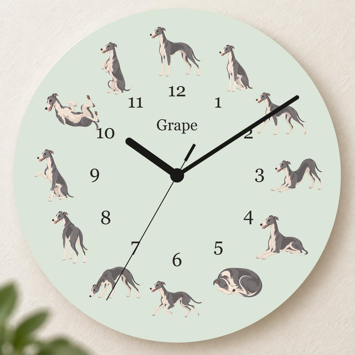 Personalized Whippet wooden wall clock with example name Grape; hero