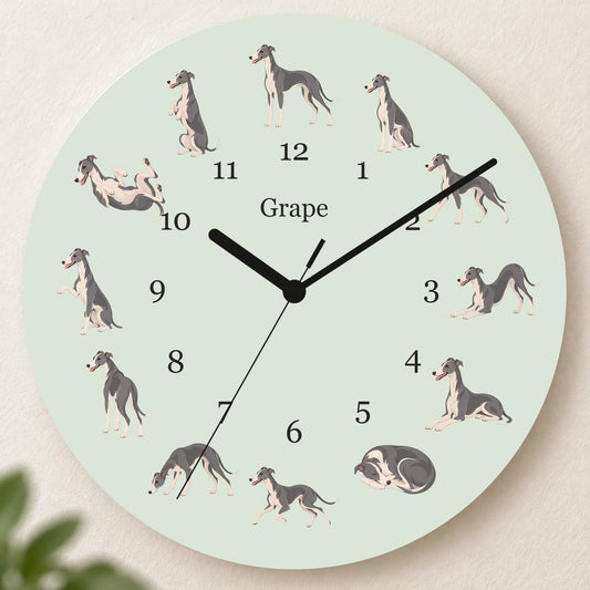 Personalized Whippet wooden wall clock with example name Grape; hero