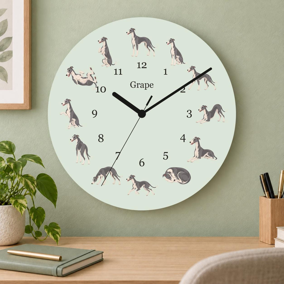 Personalized Whippet wooden wall clock with example name Grape; home office