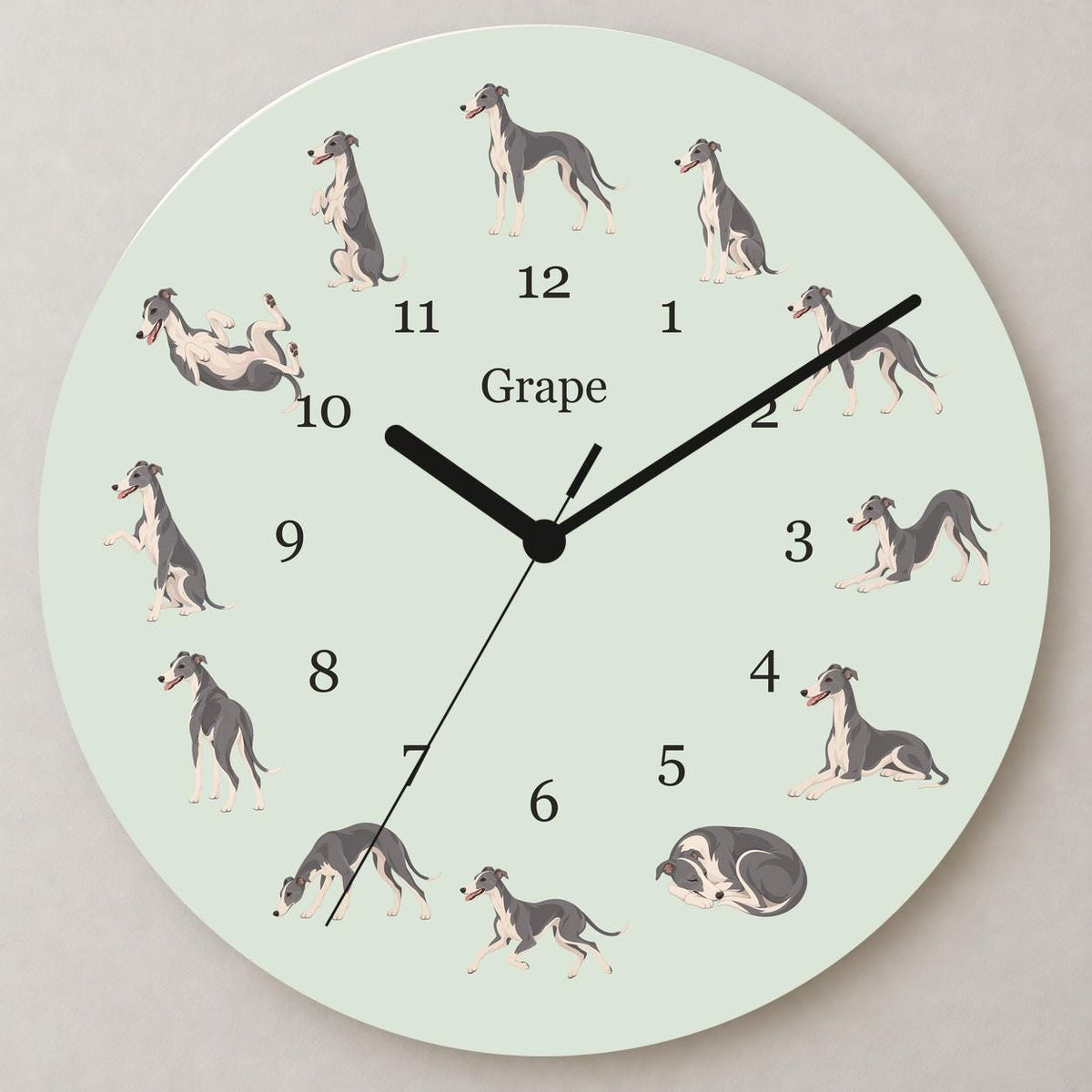 Personalized Whippet wooden wall clock with example name Grape; close up