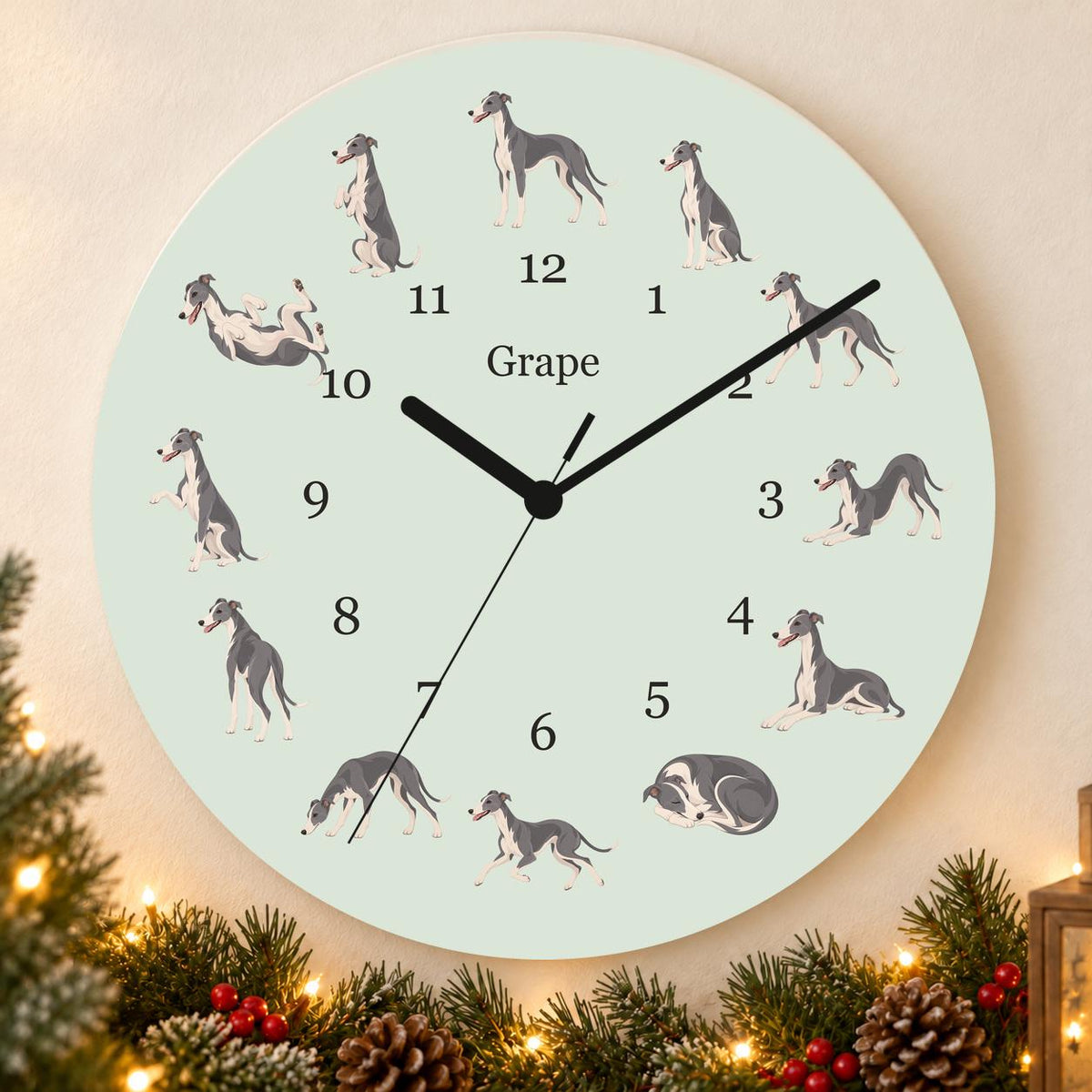 Personalized Whippet wooden wall clock with example name Grape; holiday