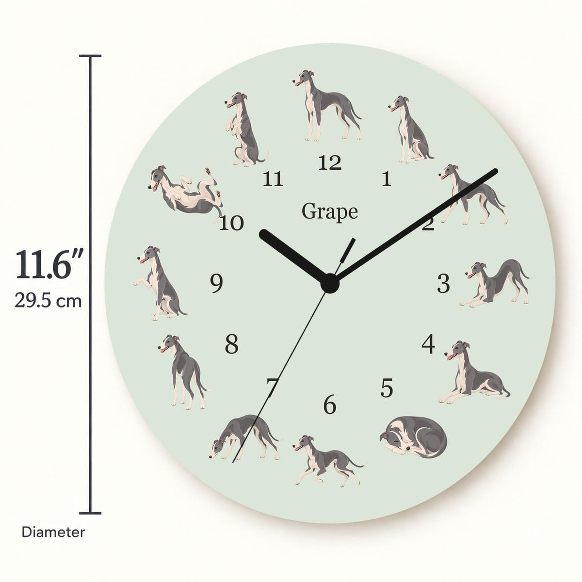 Personalized Whippet wooden wall clock with example name Grape; size