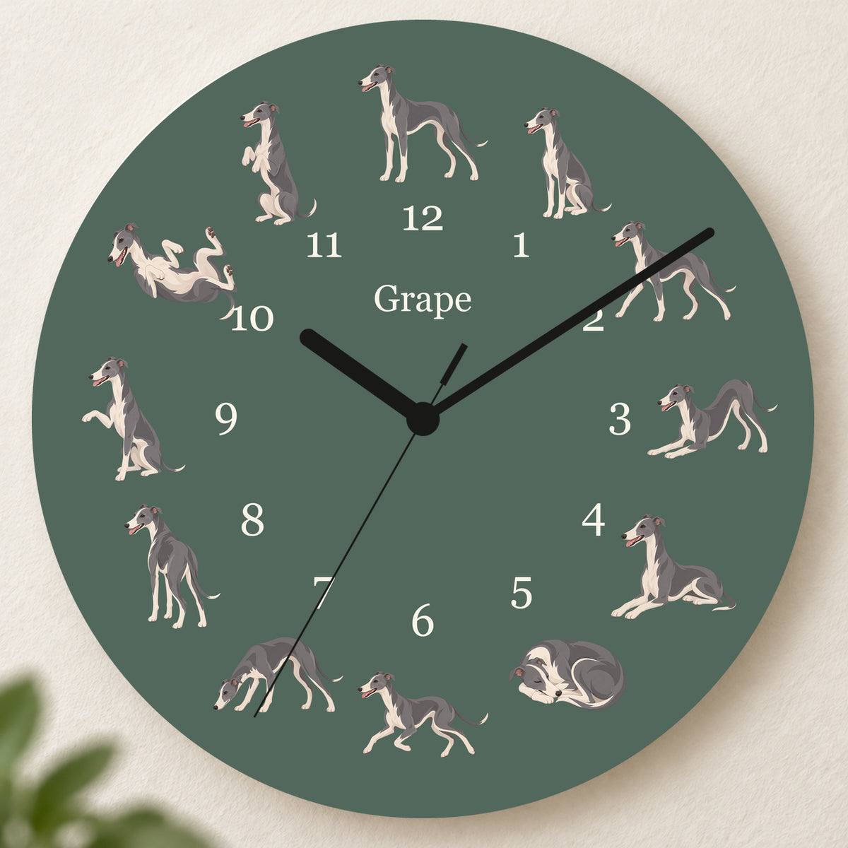 Personalized Whippet Wall Clock, Custom Pet Name, 11.6 Inch Wooden Clock — Deep Sage background