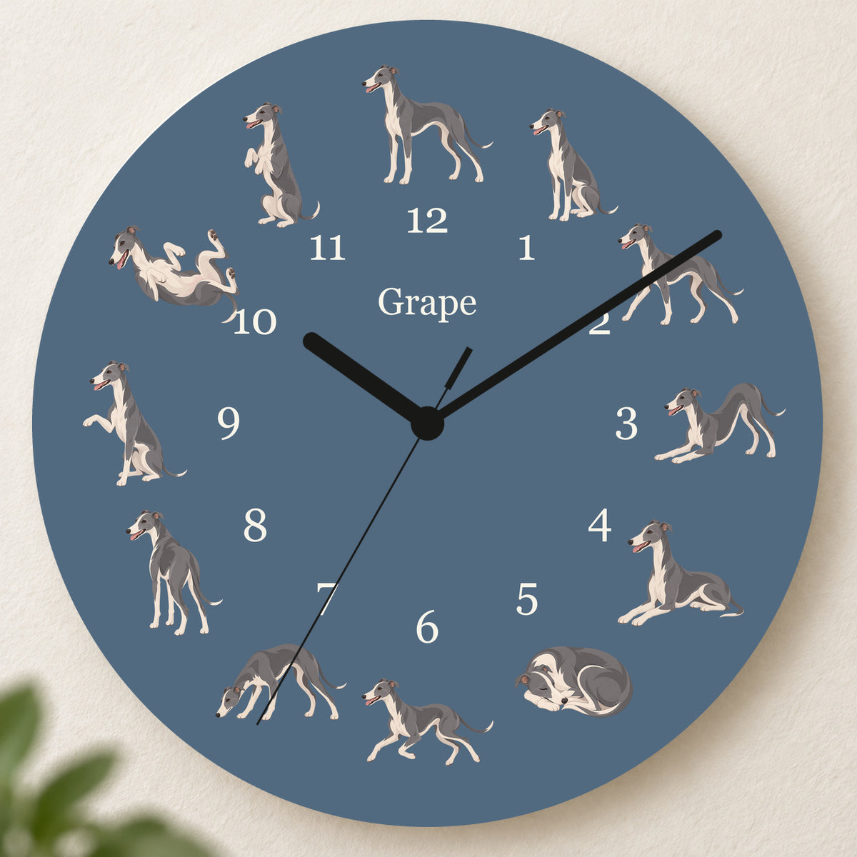 Personalized Whippet Wall Clock, Custom Pet Name, 11.6 Inch Wooden Clock — Muted Denim background