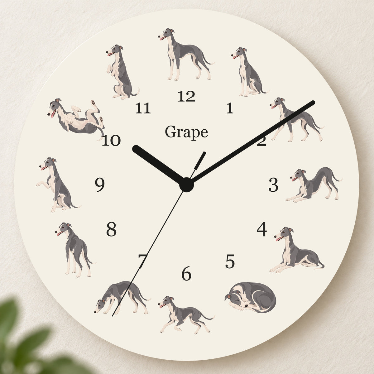 Personalized Whippet Wall Clock, Custom Pet Name, 11.6 Inch Wooden Clock — Warm Ivory background