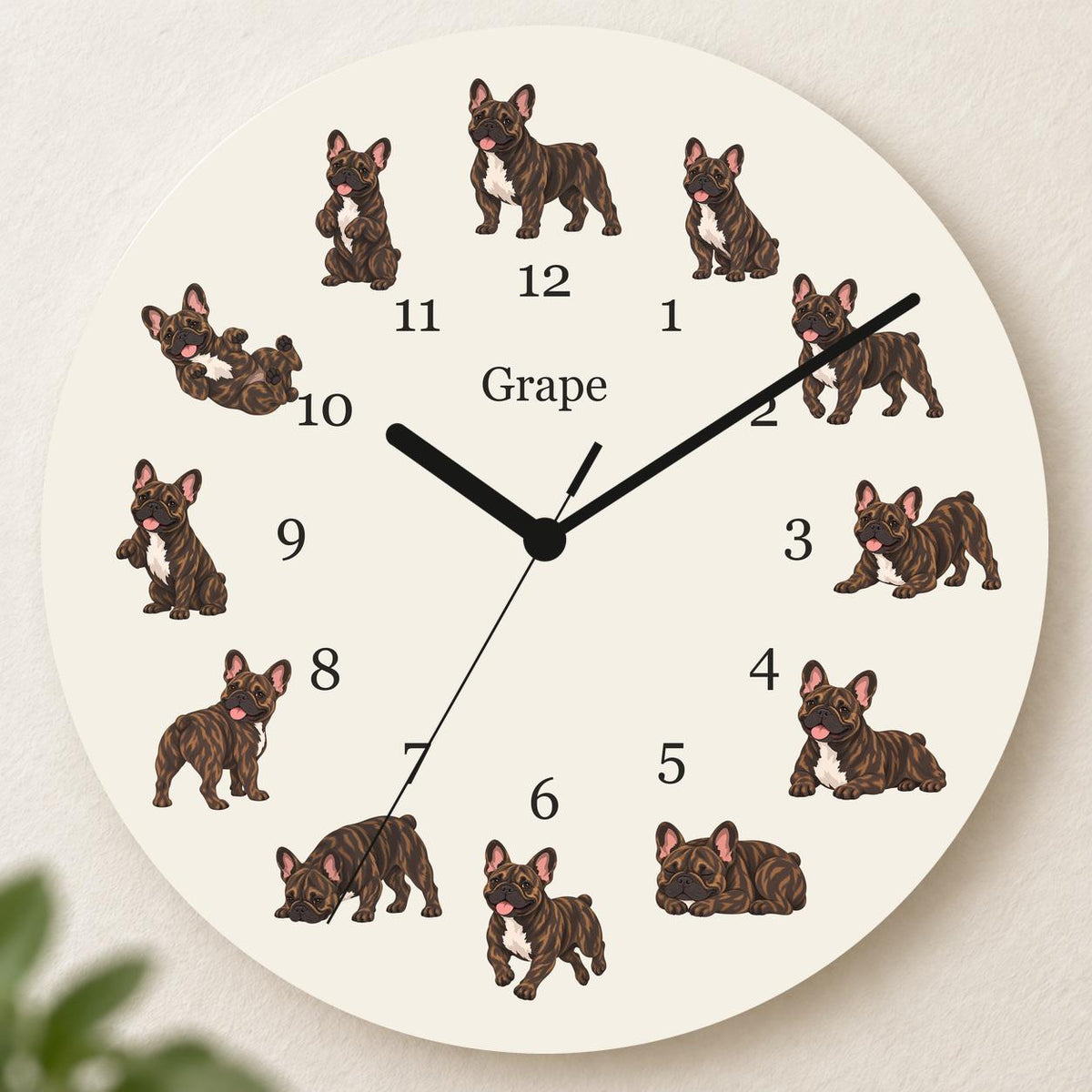 Personalized French Bulldog Brindle wooden wall clock with example name Grape; hero