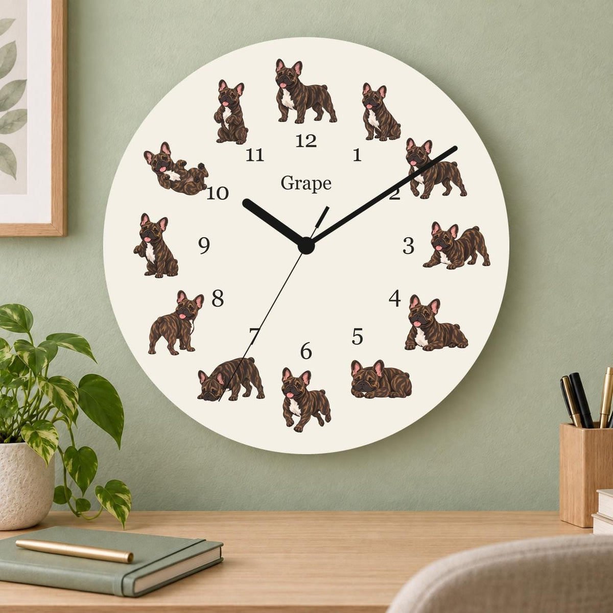 Personalized French Bulldog Brindle wooden wall clock with example name Grape; home office
