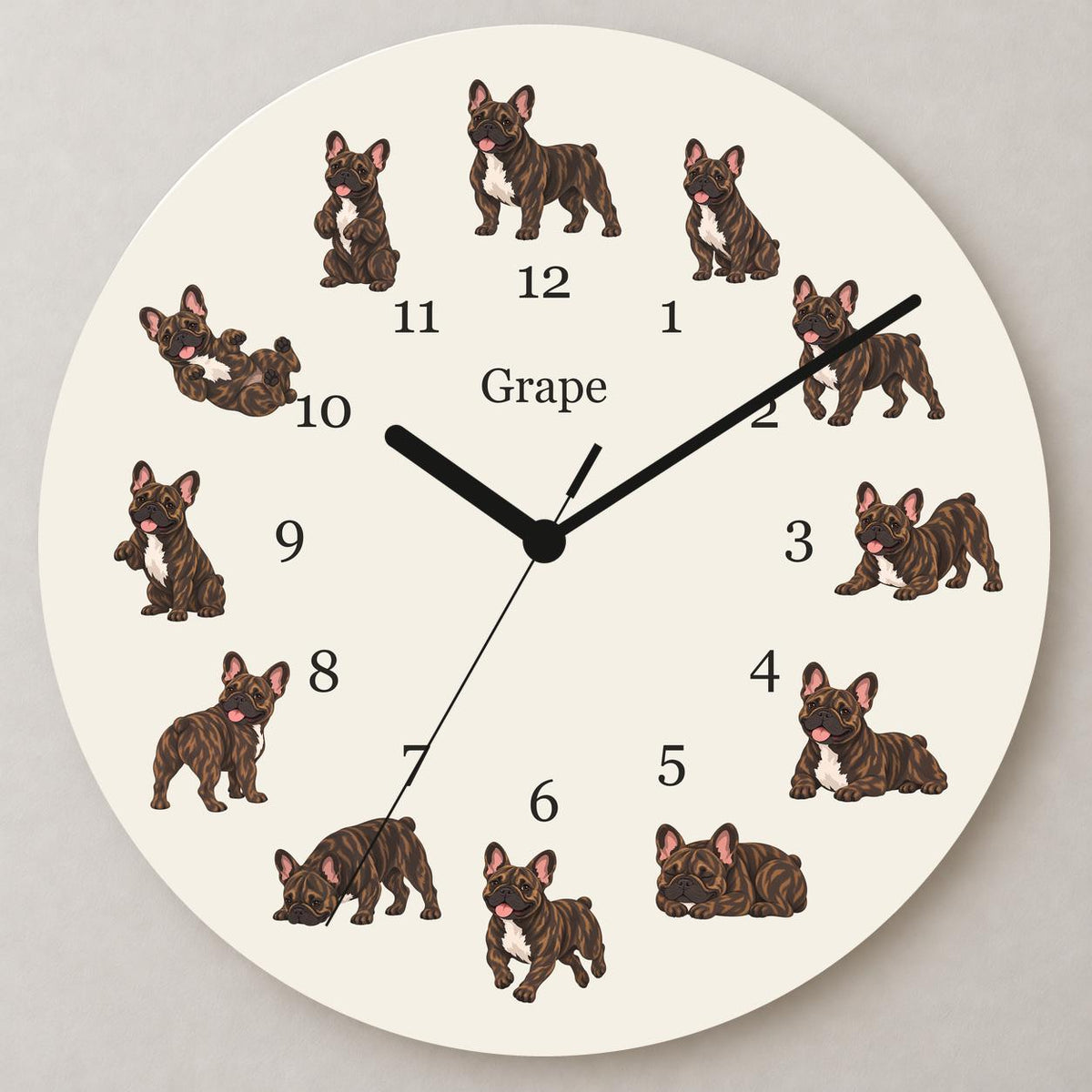 Personalized French Bulldog Brindle wooden wall clock with example name Grape; close up