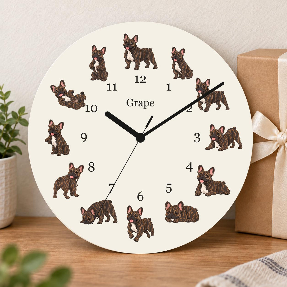 Personalized French Bulldog Brindle wooden wall clock with example name Grape; gift
