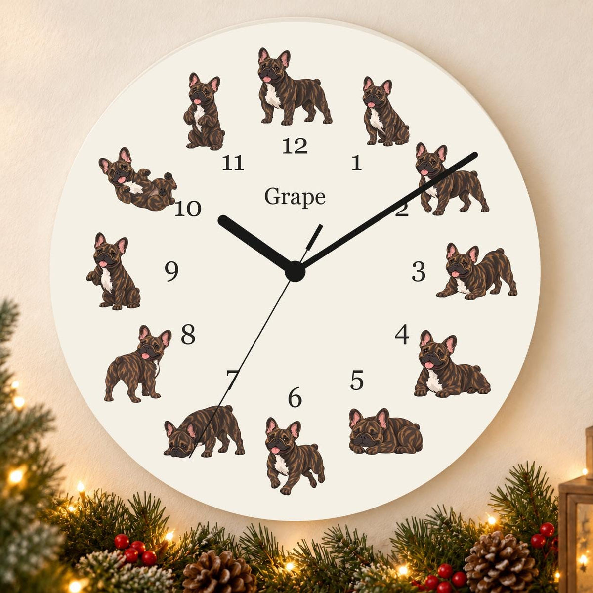 Personalized French Bulldog Brindle wooden wall clock with example name Grape; holiday