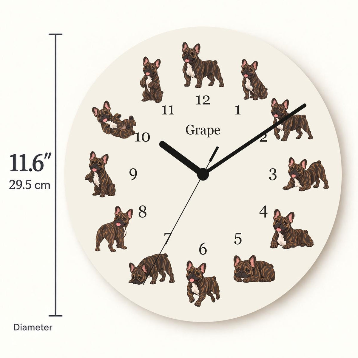 Personalized French Bulldog Brindle wooden wall clock with example name Grape; size