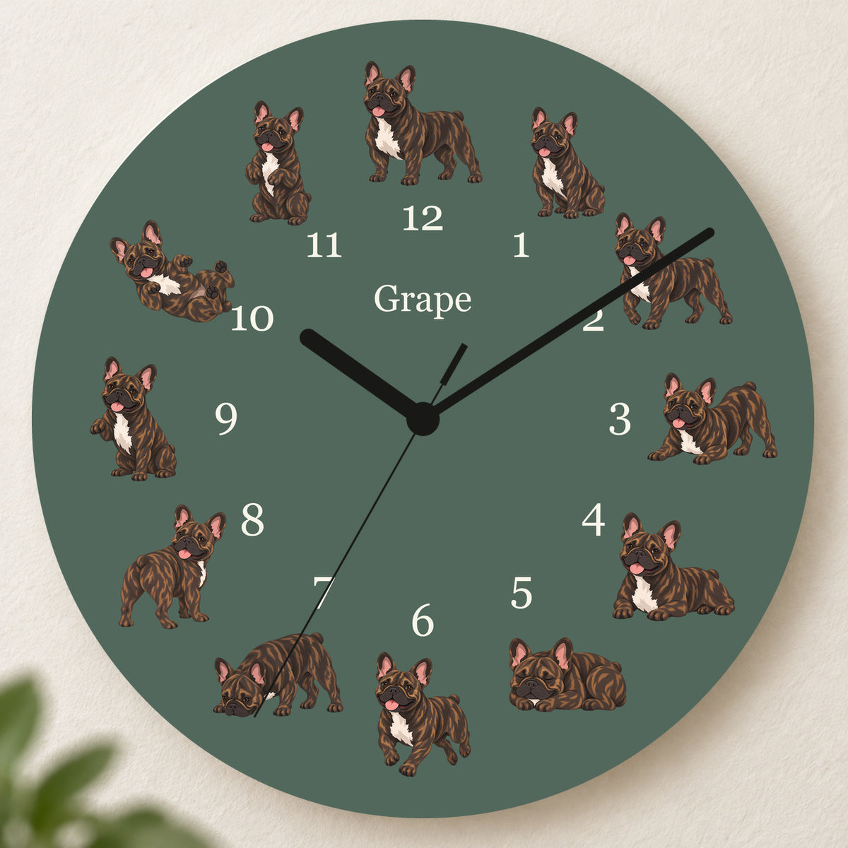 Personalized French Bulldog Brindle Wall Clock, Custom Pet Name, 11.6 Inch Wooden Clock — Deep Sage background