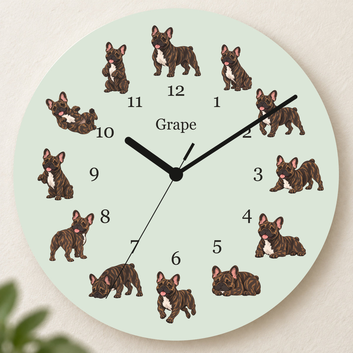 Personalized French Bulldog Brindle Wall Clock, Custom Pet Name, 11.6 Inch Wooden Clock — Pale Sage background
