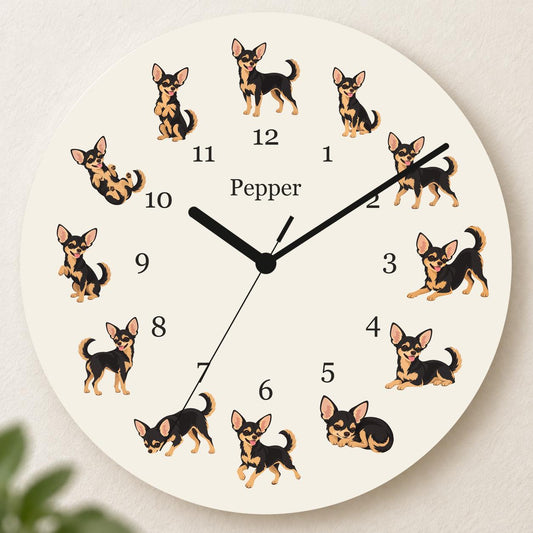 Personalized Chihuahua Black and Tan wooden wall clock with example name Pepper; hero