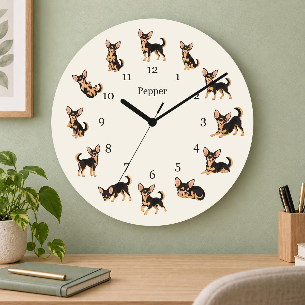 Personalized Chihuahua Black and Tan wooden wall clock with example name Pepper; home office