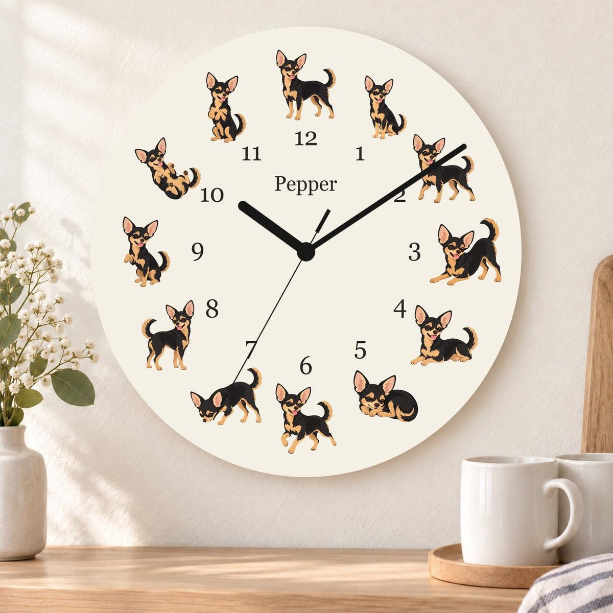 Personalized Chihuahua Black and Tan wooden wall clock with example name Pepper; kitchen