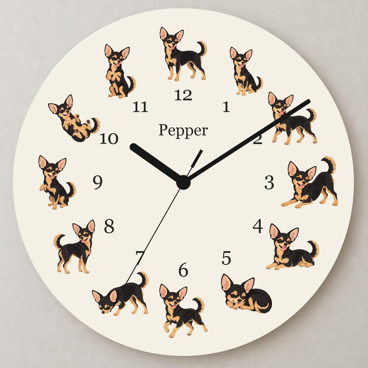 Personalized Chihuahua Black and Tan wooden wall clock with example name Pepper; close up