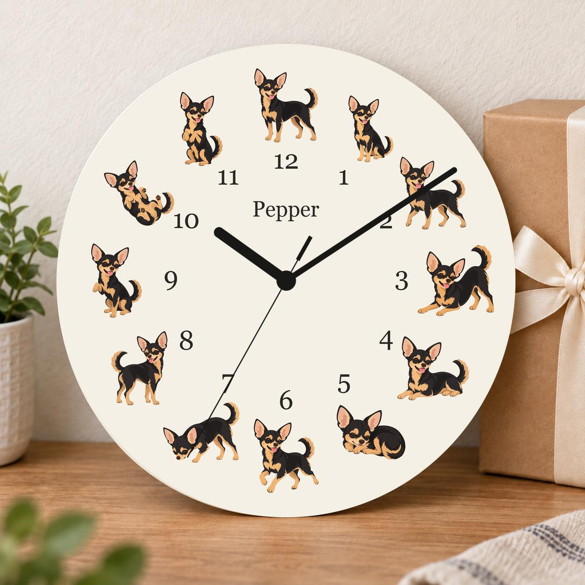 Personalized Chihuahua Black and Tan wooden wall clock with example name Pepper; gift